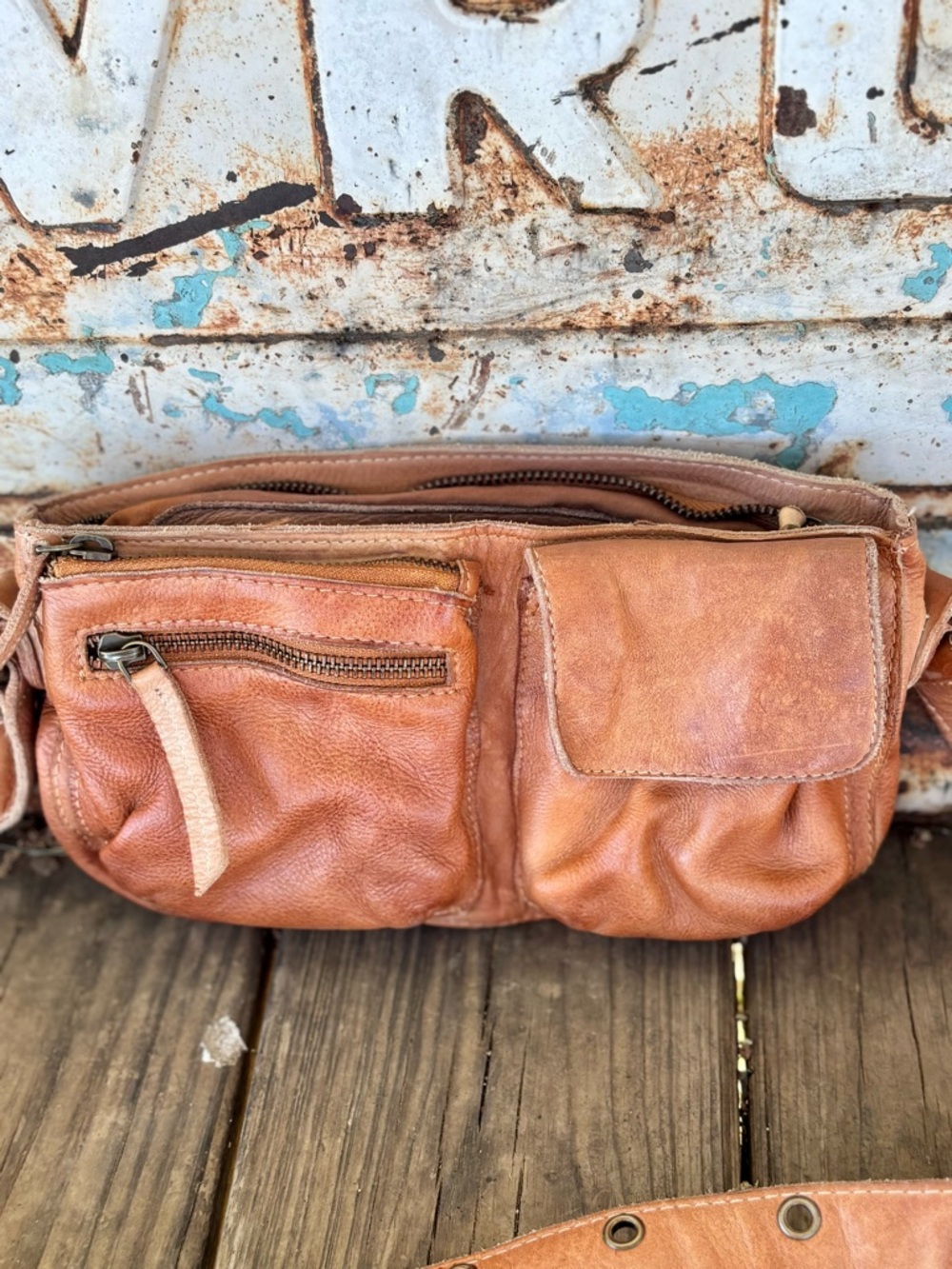Free People Distressed Tan Leather Crossbody Belt Bag with Studded Strap - Picture 4 of 5